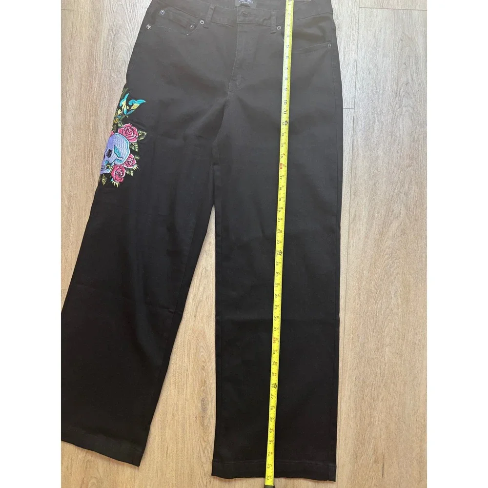 Ed Hardy Mens Black Denim Embroidered Skull Rose Wide Leg Jeans Y2K Streetwear - Picture 8 of 11